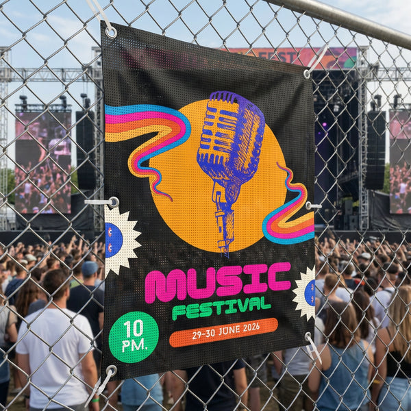 Custom mesh banner for music festival – colorful outdoor event mesh banner