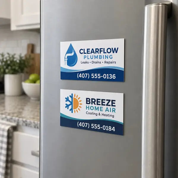 Sample magnetic business cards — plumbing and HVAC