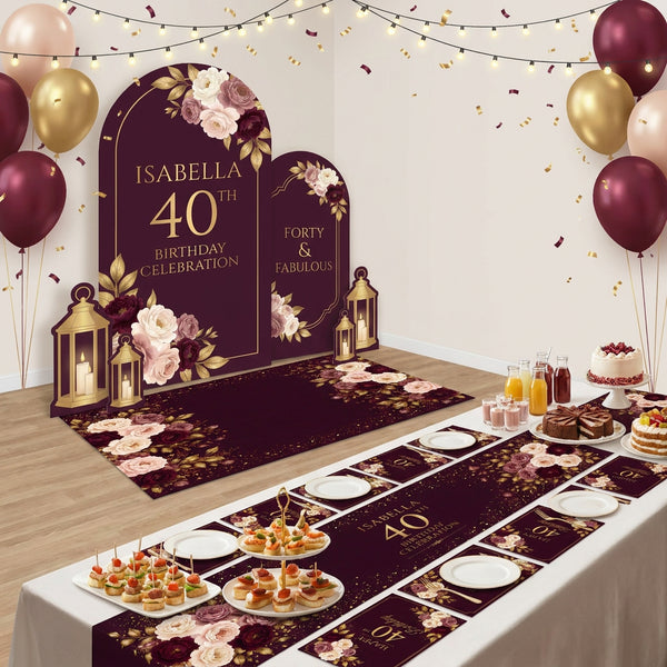 Personalized Burgundy Floral 40th Birthday Backdrop Set 5