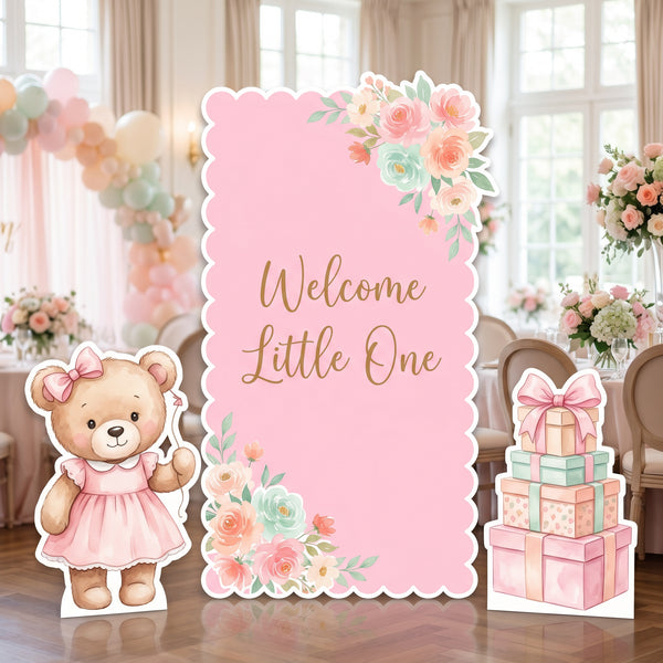 Pink Floral Teddy Bear Backdrop Set indoor party scene