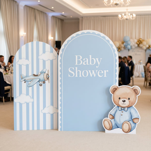 Little Teddy Baby Shower Backdrop Set – blue stripe arch backdrops with teddy bear standee