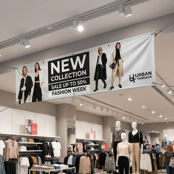 Custom indoor banner printing for fashion retail stores Florida