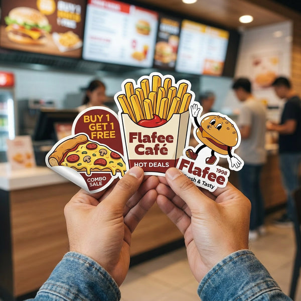 custom die-cut food stickers for packaging, restaurant branding stickers, vinyl decals for takeaway and cafe branding USA