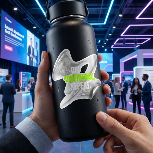 custom event stickers on water bottle, waterproof vinyl decals for outdoor events, promotional branding stickers USA