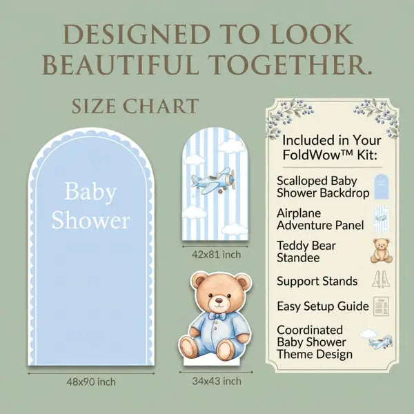 Little Teddy Backdrop Set Size Chart – 48x90, 42x81 arch backdrops and 34x43 standee