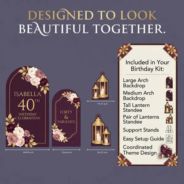 Personalized Burgundy Floral 40th Birthday Backdrop Set 2