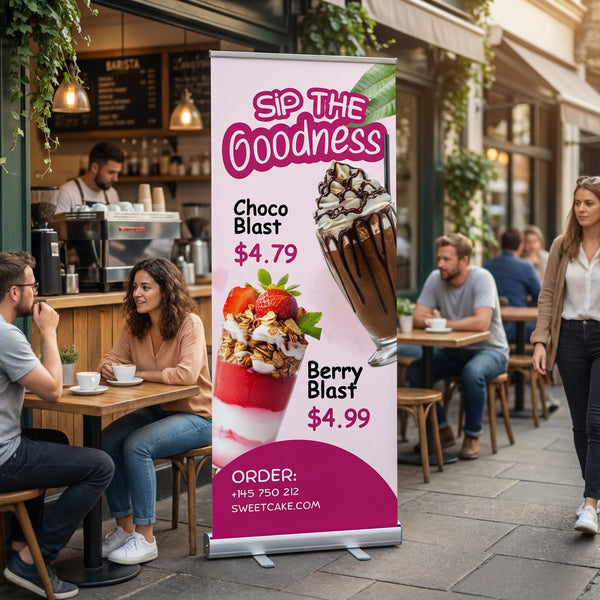 Custom retractable banner for outdoor café – colorful pull up banner stand printing