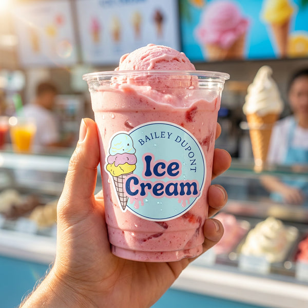 Custom business sticker on ice cream cup – die-cut product label printing