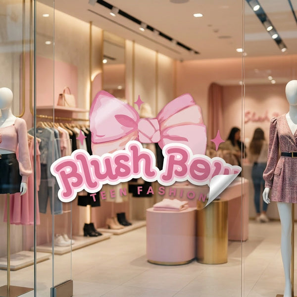 Blush Bar retail store entrance with pink branded sticker signage