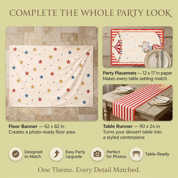 Circus Birthday Backdrop Set optional add-ons floor banner table runner placemats