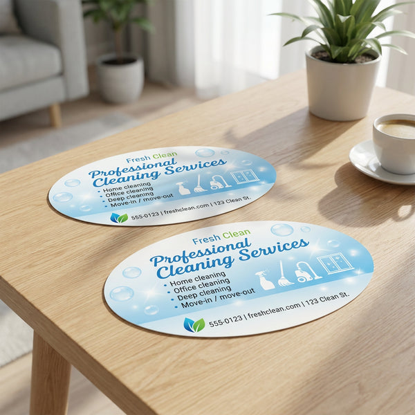 oval flyers printed marketing materials on table