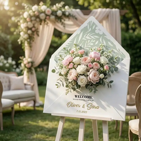 Modern wedding entrance sign with custom names and date