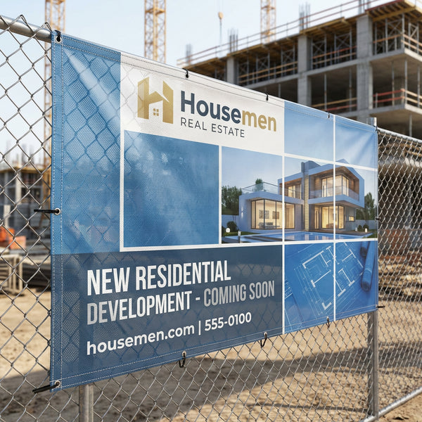 Custom mesh banner on construction site fence – outdoor vinyl mesh banner printing
