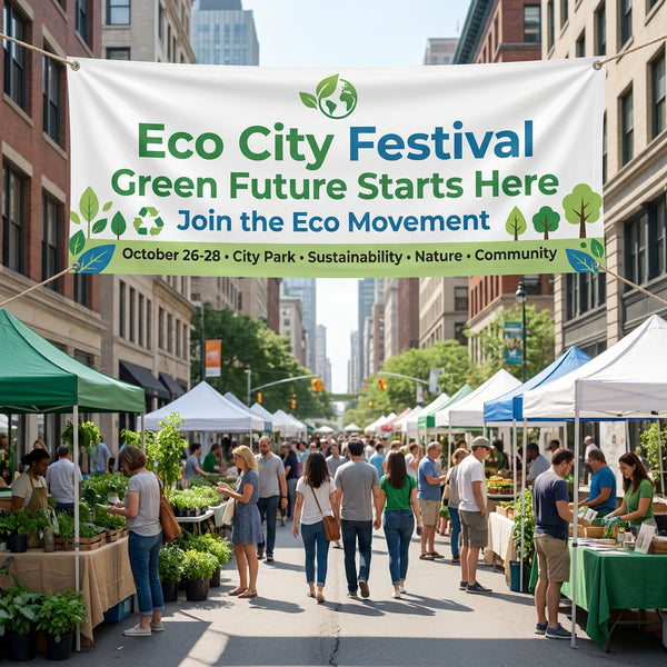 Custom outdoor event banner printing – Eco City Festival green banner