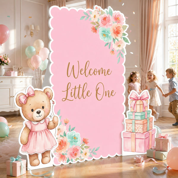Pink Floral Teddy Bear Backdrop Set welcome little one party scene