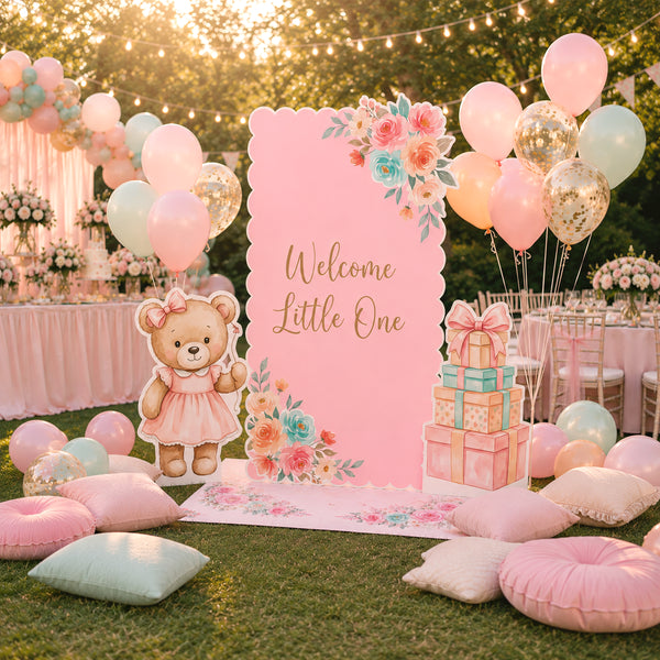 Pink Floral Teddy Bear Backdrop Set garden party lifestyle