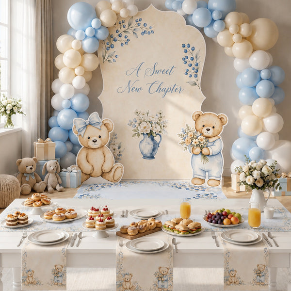 A Sweet New Chapter Backdrop Set indoor baby shower setup with blue balloon arch