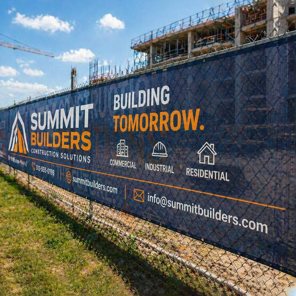 Custom mesh banner on construction site fence – outdoor vinyl mesh banner printing