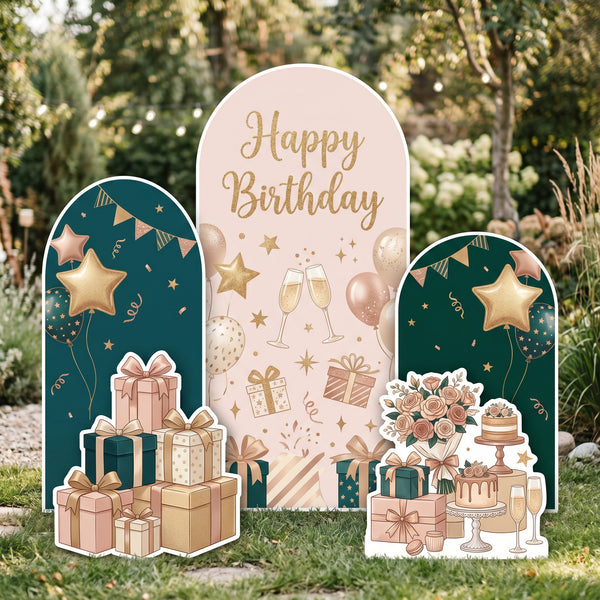 Happy Birthday Elegant Backdrop Set – blush pink and teal gold arch backdrops with gift stack and cake bouquet standees outdoor garden setup